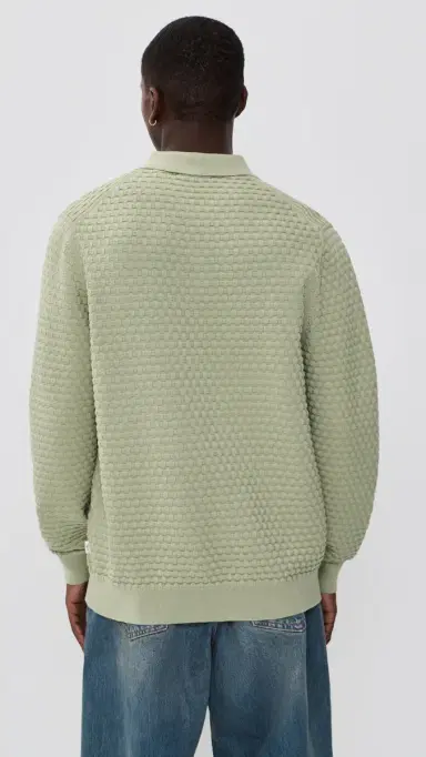 Les Deux Billy Weave Knitted Long Sleeve Polo Tea Green M | Thumbnail 3