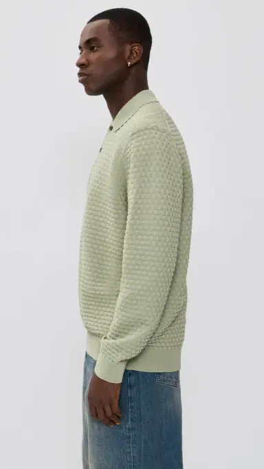 Les Deux Billy Weave Knitted Long Sleeve Polo Tea Green M | Thumbnail 4