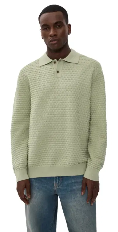 Les Deux Billy Weave Knitted Long Sleeve Polo Tea Green M | Thumbnail 1