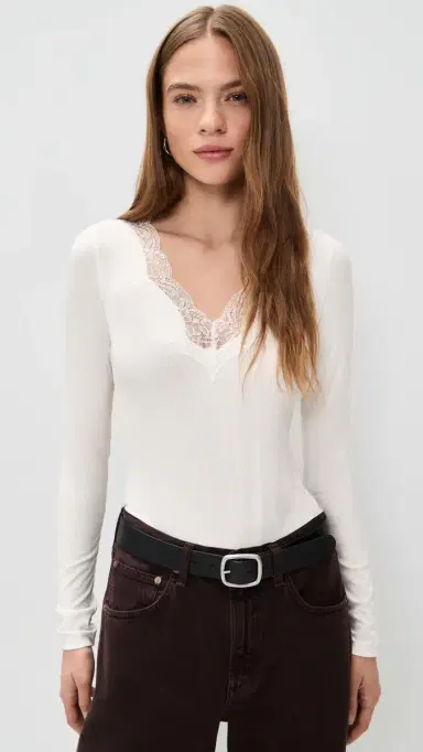 RE/DONE Lace V Neck Long Sleeve Tee Off White | Thumbnail 2