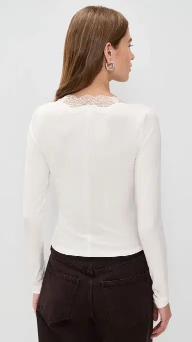 RE/DONE Lace V Neck Long Sleeve Tee Off White | Thumbnail 3