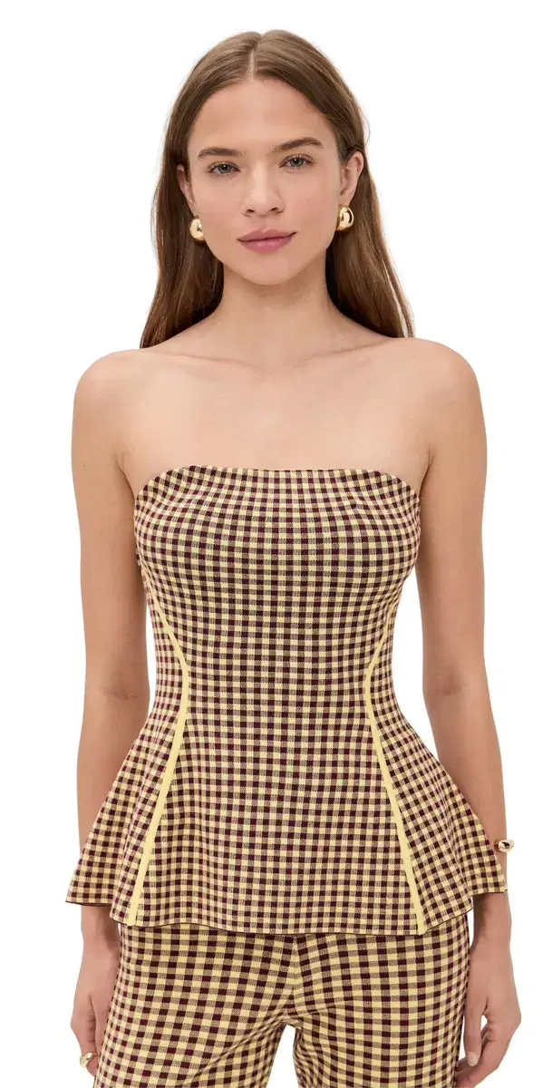LE BOP Gingham trapless Peplum Top Burgundy/Citrine
