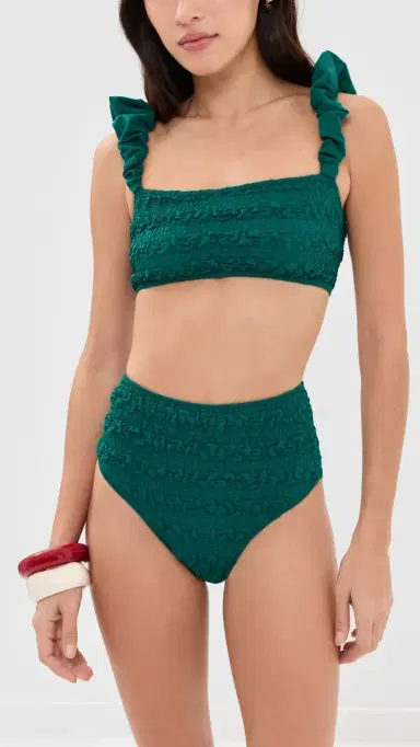 Sea Cybelle Smocked High Waisted Bikini Bottoms Green M | Thumbnail 4