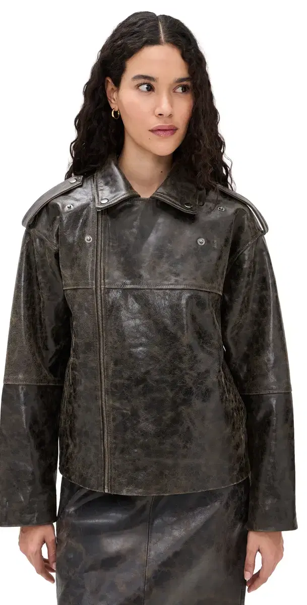 Margo Leather Biker Jacket Brown Crunch Effect