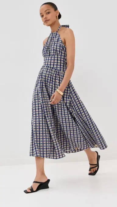 Rosie Assoulin Halter In The Name of Love Dress Navy Check | Thumbnail 2