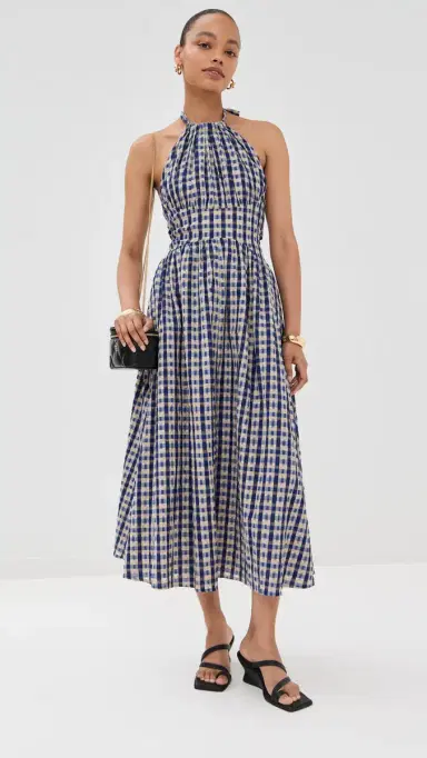 Rosie Assoulin Halter In The Name of Love Dress Navy Check | Thumbnail 5