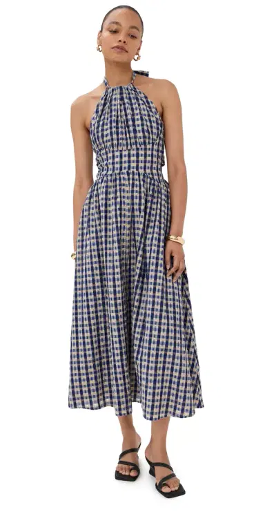 Rosie Assoulin Halter In The Name of Love Dress Navy Check | Thumbnail 1
