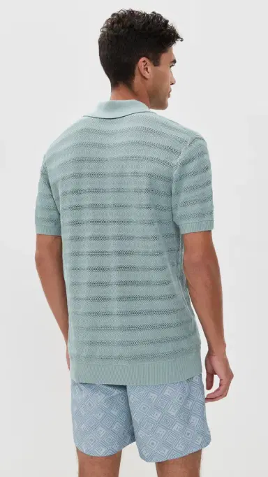 Frescobol Carioca Vidal Cotton Jacquard Wave Short Sleeve Buttoned Polo Coastal Blue | Thumbnail 3 Frescobol Carioca Vidal Cotton Jacquard Wave Short Sleeve Buttoned Polo Coastal Blue | Thumbnail 3