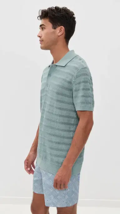 Frescobol Carioca Vidal Cotton Jacquard Wave Short Sleeve Buttoned Polo Coastal Blue | Thumbnail 4 Frescobol Carioca Vidal Cotton Jacquard Wave Short Sleeve Buttoned Polo Coastal Blue | Thumbnail 4