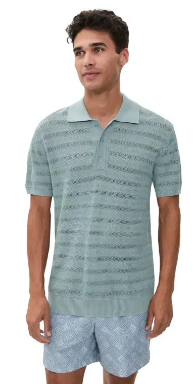 Frescobol Carioca Vidal Cotton Jacquard Wave Short Sleeve Buttoned Polo Coastal Blue | Thumbnail 1 Frescobol Carioca Vidal Cotton Jacquard Wave Short Sleeve Buttoned Polo Coastal Blue | Thumbnail 1