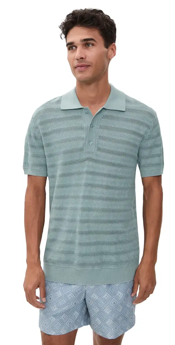 Vidal Cotton Jacquard Wave Short Sleeve Buttoned Polo Coastal Blue