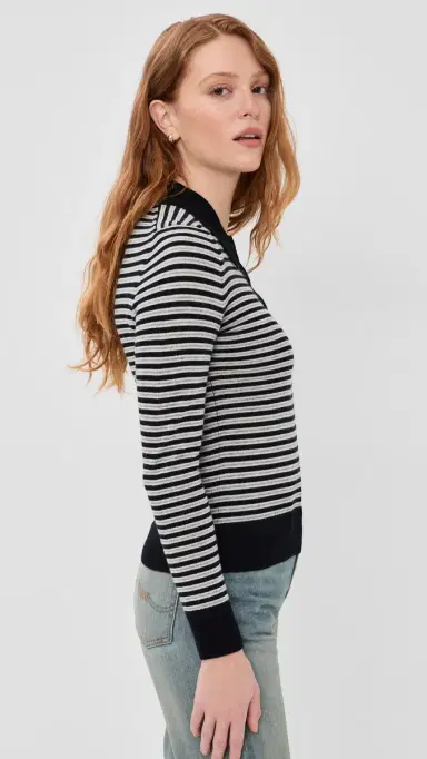 Nili Lotan Prescott Cashmere Stripe Polo Dark Navy/Grey Stripe | Thumbnail 4 Nili Lotan Prescott Cashmere Stripe Polo Dark Navy/Grey Stripe | Thumbnail 4