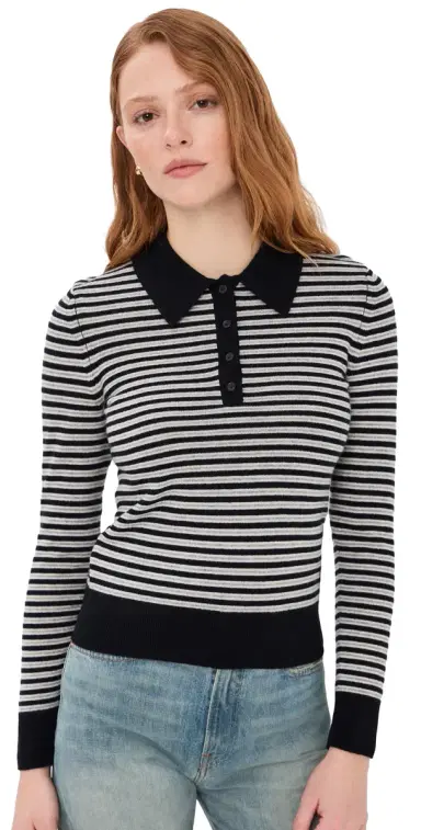 Nili Lotan Prescott Cashmere Stripe Polo Dark Navy/Grey Stripe | Thumbnail 1 Nili Lotan Prescott Cashmere Stripe Polo Dark Navy/Grey Stripe | Thumbnail 1