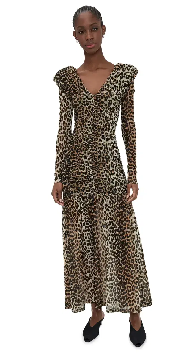 Printed Mesh Long Ruched Dress Big Leopard Almond Milk