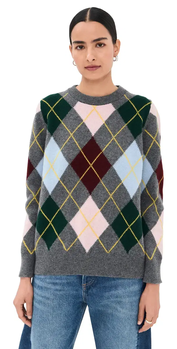 & Argyle Slouch Crewneck Sweater Grey With Pale Pink