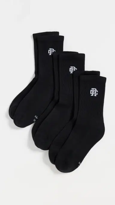 Reigning Champ 3 Pack Classic Mid Crew Socks Black | Thumbnail 2