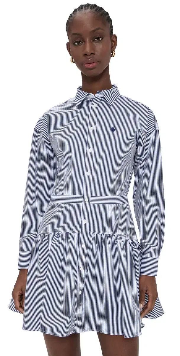 Collared Long Sleeve Shirt Dress White/Fall Royal