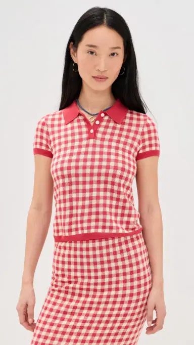 Guest In Residence Gingham Shrunken Polo Scarlet/Mist | Thumbnail 2 Guest In Residence Gingham Shrunken Polo Scarlet/Mist | Thumbnail 2