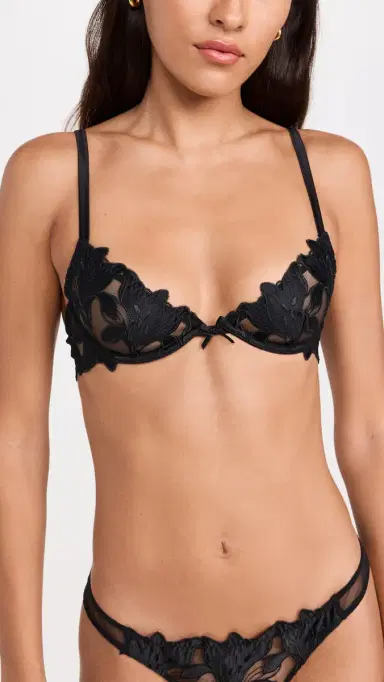 Fleur du Mal Lily Embroidery Plunge Demi Bra Black 32C | Thumbnail 2