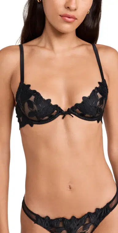 Fleur du Mal Lily Embroidery Plunge Demi Bra Black 32C | Thumbnail 1