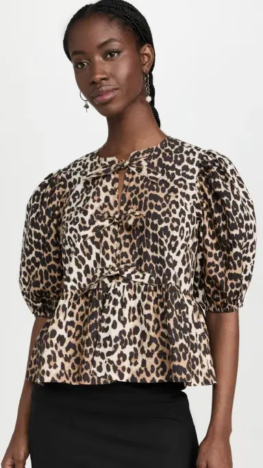 GANNI Printed Cotton Poplin Peplum Blouse Leopard | Thumbnail 2 GANNI Printed Cotton Poplin Peplum Blouse Leopard | Thumbnail 2