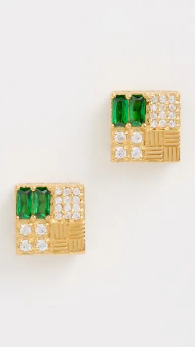 Gwen Beloti Woven Chunky Cube Emerald Stud Earrings Gold One Size | Thumbnail 2 Gwen Beloti Woven Chunky Cube Emerald Stud Earrings Gold One Size | Thumbnail 2