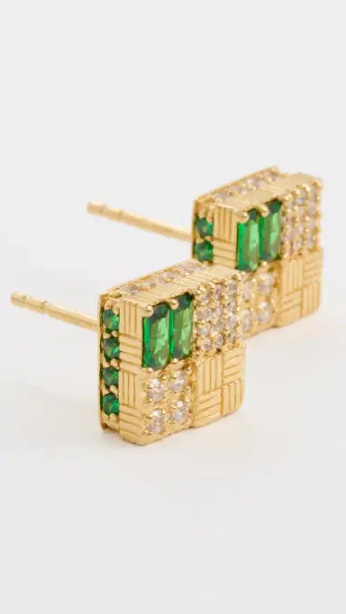 Gwen Beloti Woven Chunky Cube Emerald Stud Earrings Gold One Size | Thumbnail 4 Gwen Beloti Woven Chunky Cube Emerald Stud Earrings Gold One Size | Thumbnail 4