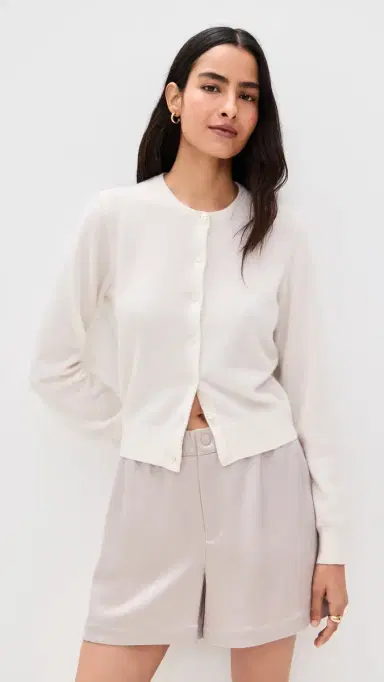 White + Warren Cashmere Crew Neck Cardigan Soft White S | Thumbnail 2