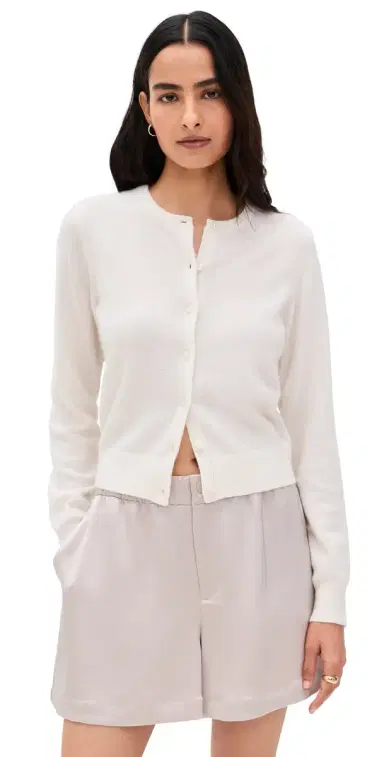 White + Warren Cashmere Crew Neck Cardigan Soft White S | Thumbnail 1