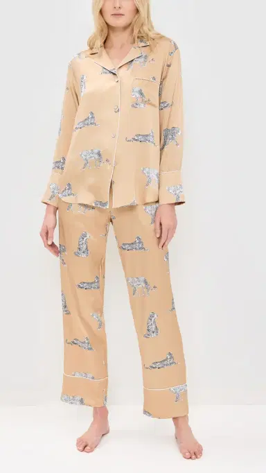 Petite Plume Mulberry Silk Panther Champagne Pajama Set Gold S | Thumbnail 2