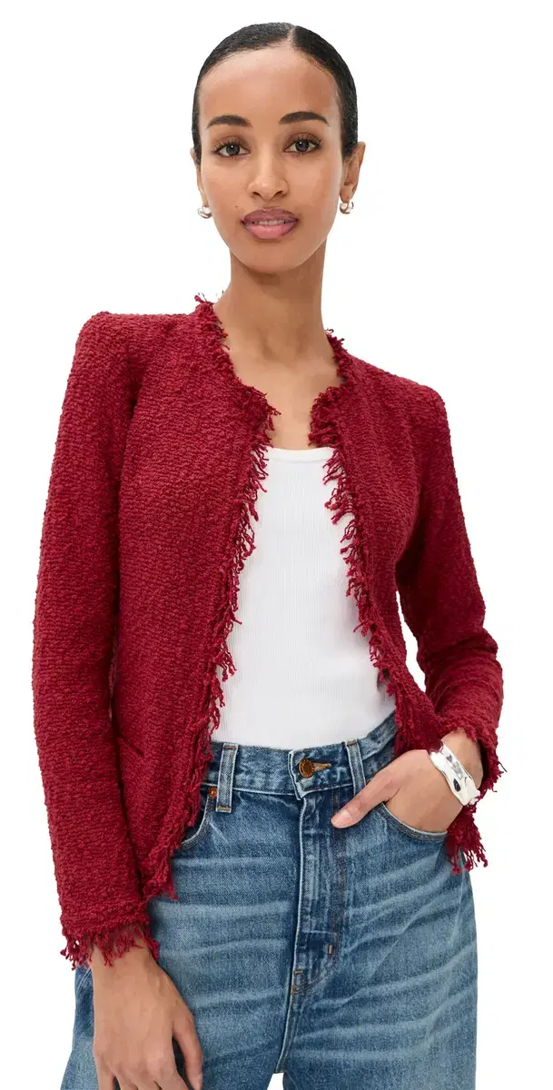 Shavani Fringe Hem Tweed Jacket Lipstick Red