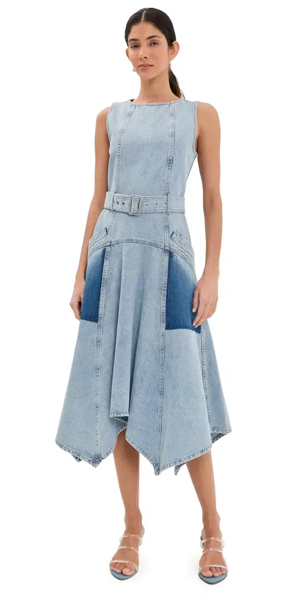 Ghost Patch Sleeveless Belted Denim Dress Light Blue