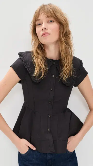 GANNI Stretch Cotton Peter Pan Collar Shirt Black | Thumbnail 2