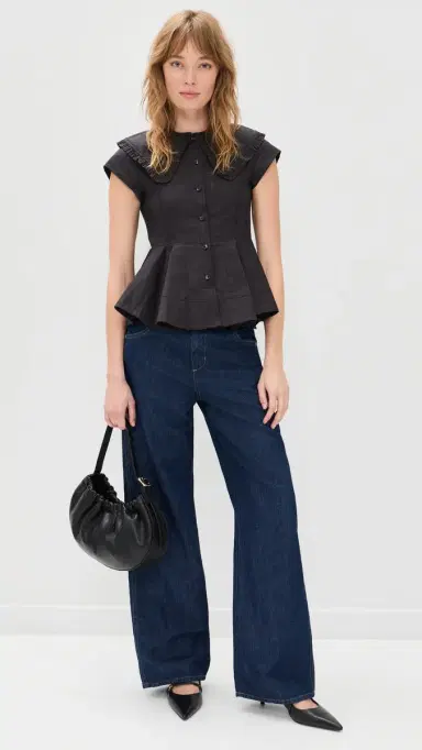 GANNI Stretch Cotton Peter Pan Collar Shirt Black | Thumbnail 5