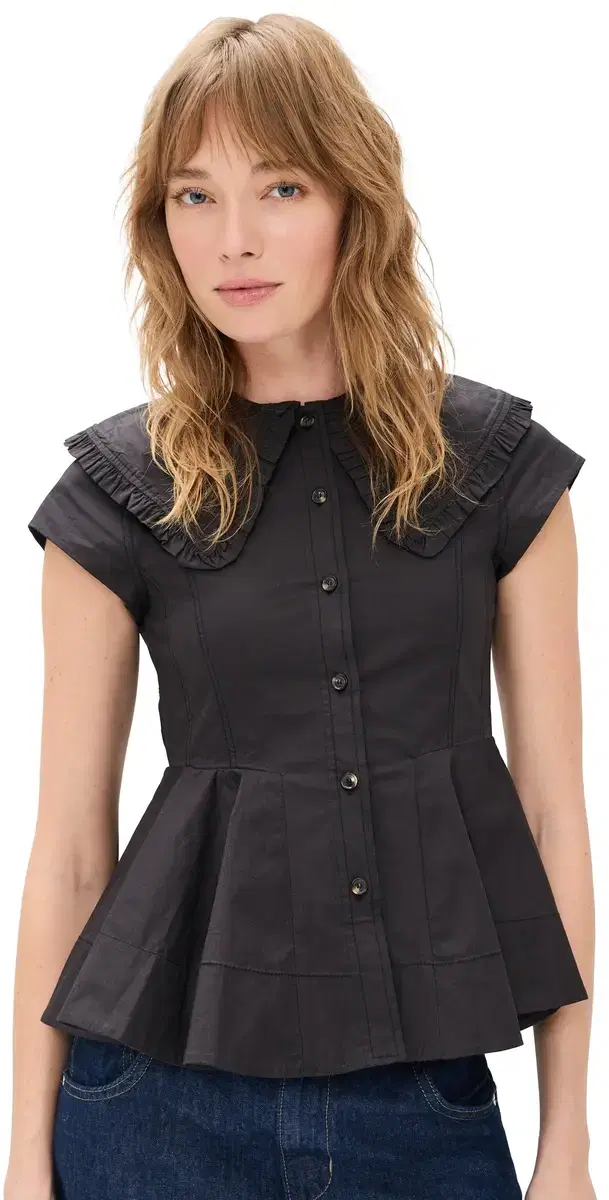 GANNI Stretch Cotton Peter Pan Collar Shirt Black