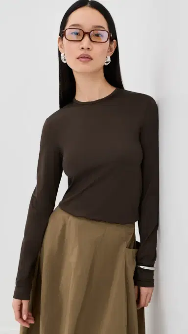 Tibi Stretch Lightweight Tech Knit Crewneck Pullover T-Shirt Hickory Brown | Thumbnail 2 Tibi Stretch Lightweight Tech Knit Crewneck Pullover T-Shirt Hickory Brown | Thumbnail 2