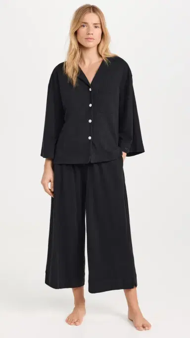 Petite Plume Women's Luxe Pima Black Wide eg Pajama Set Black | Thumbnail 2 Petite Plume Women's Luxe Pima Black Wide eg Pajama Set Black | Thumbnail 2