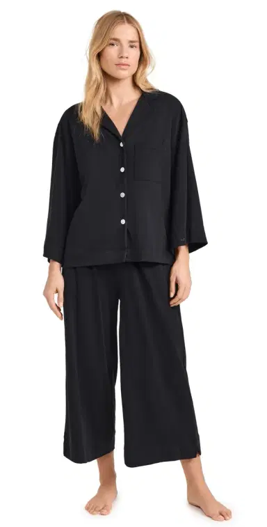 Petite Plume Women's Luxe Pima Black Wide eg Pajama Set Black | Thumbnail 1 Petite Plume Women's Luxe Pima Black Wide eg Pajama Set Black | Thumbnail 1