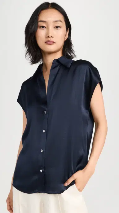 Vince Cap Sleeve Ruched Back Blouse Coastal L | Thumbnail 2