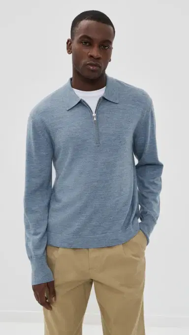 OFFICINE GÉNÉRALE Bene Zip Wool Polo Heather Stone Blue | Thumbnail 2 OFFICINE GÉNÉRALE Bene Zip Wool Polo Heather Stone Blue | Thumbnail 2