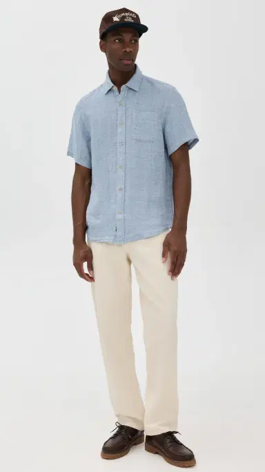 Faherty Palma Basket Weave Linen Shirt Blue M | Thumbnail 5