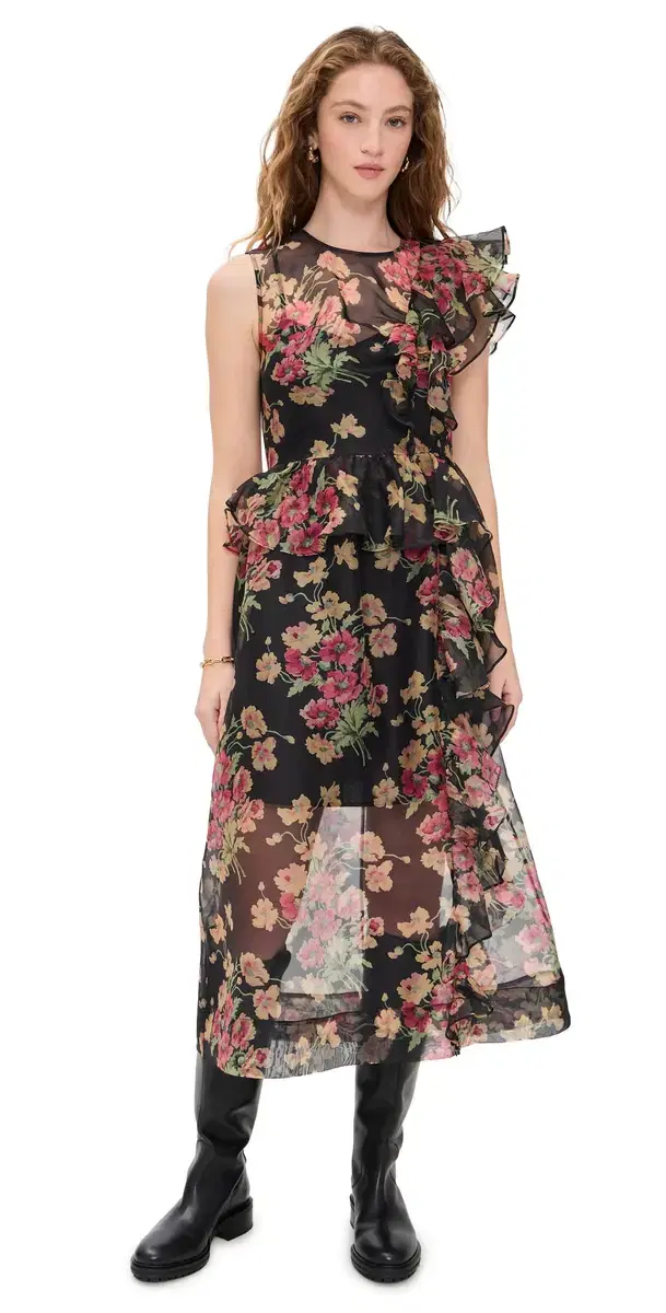 Sea Cornelia Print Midi Silk Dress Black
