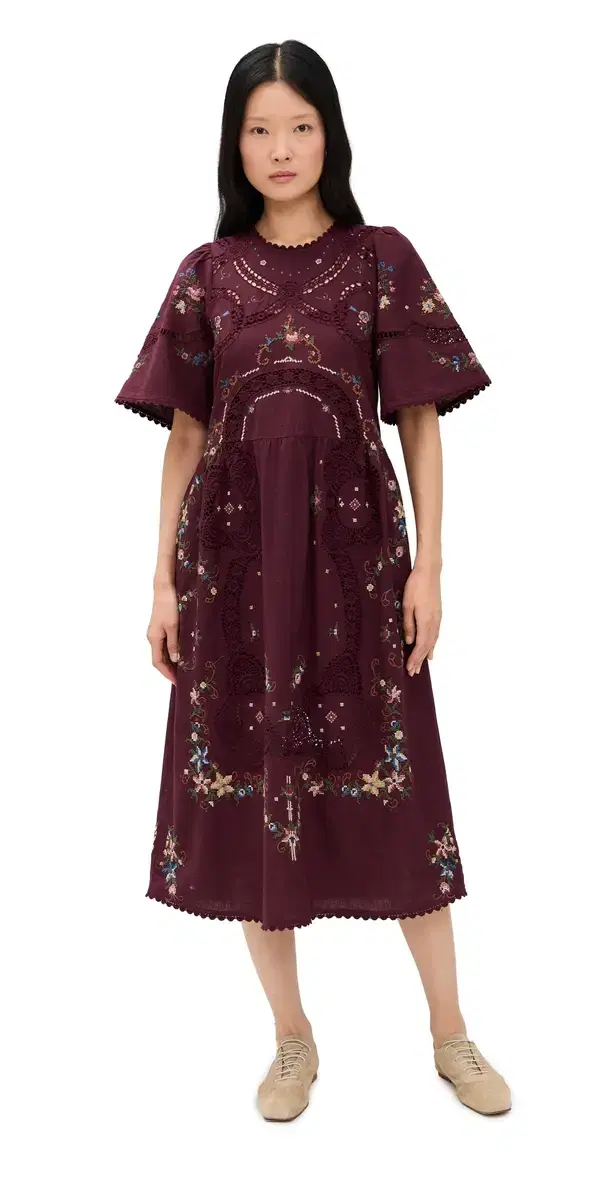 Edwina Embroidery Short Sleeve Dress Burgundy