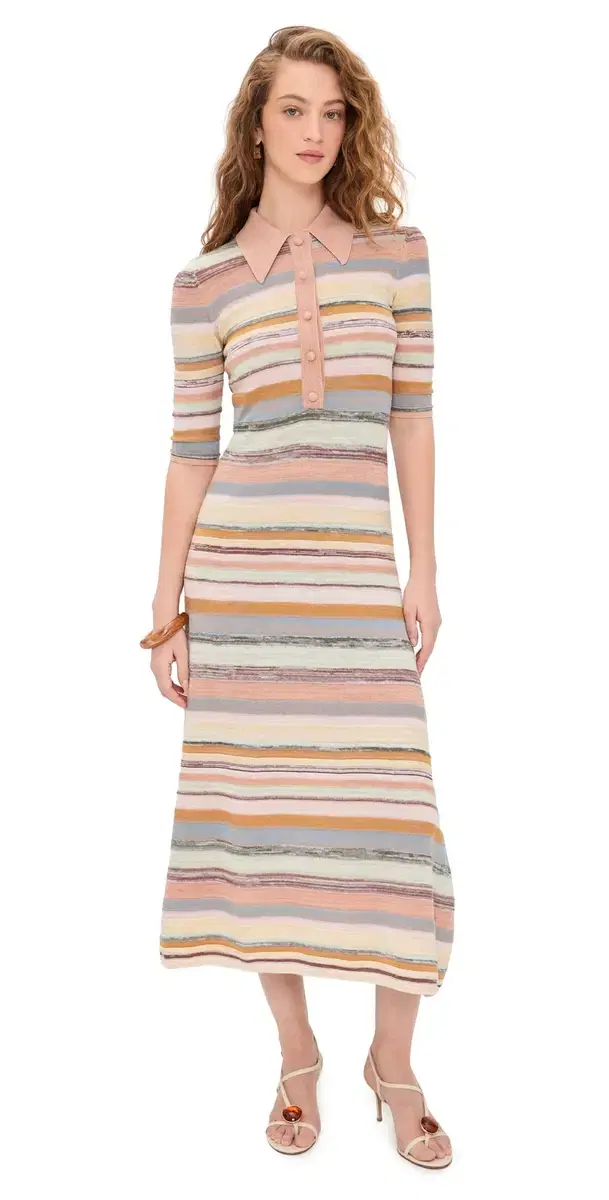 Luna Mouline Polo Midi Dress Multi Stripe