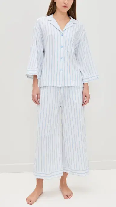 Petite Plume Luxe Pima Stripe Wide Leg Pajama et Periwinkle Stripe | Thumbnail 2 Petite Plume Luxe Pima Stripe Wide Leg Pajama et Periwinkle Stripe | Thumbnail 2