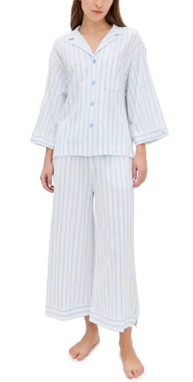 Petite Plume Luxe Pima Stripe Wide Leg Pajama et Periwinkle Stripe | Thumbnail 1 Petite Plume Luxe Pima Stripe Wide Leg Pajama et Periwinkle Stripe | Thumbnail 1