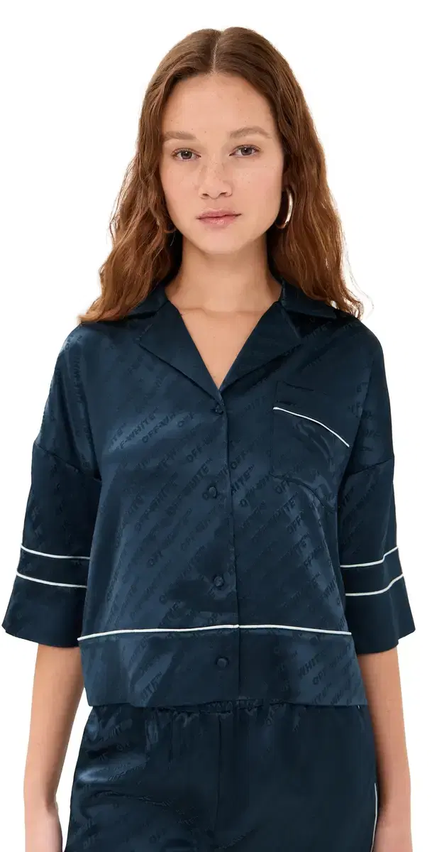 Off-White Jacquard Off Satin Pajama Shirt Blue Iris