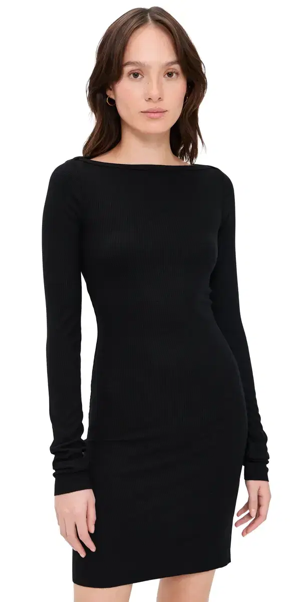 ong Sleeve Boat Neck Mini Dress Black