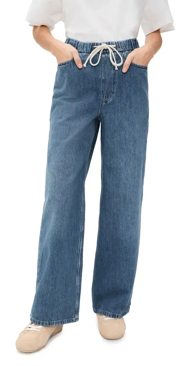 Drawstring Denim Wide Leg Pants edium Wash