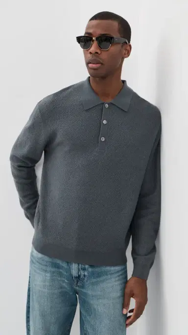 FRAME Long Sleeve Polo Sweater Blue Grey | Thumbnail 2